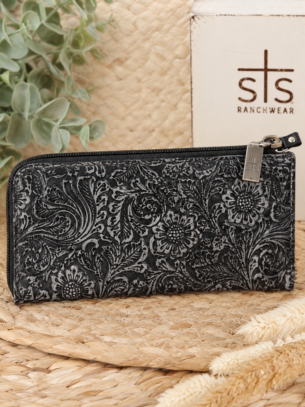 STS Ranchwear Genuine Leather Tooled Floral Zip Around Wallet Black Silver Rodeo